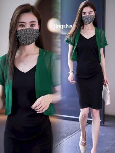 เสื้อคาร์ดิแกนแขนสั้นแบบเปิดไหล่สำหรับใส่ไปทำงานในช่วงฤดูร้อน เสื้อคลุมยาวปานกลางแบบสวมหัว ทรงหลวม ผ้าฝ้ายผสม