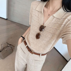 CHOEFULYN | Áo Sơ Mi Lụa Mỏng Chất Lượng Cao Vintage Polo Đục Lỗ