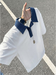 OUMULONG | Designed Polo Shirt Clean Fit Heavyweight Denim Collar Short Sleeve White