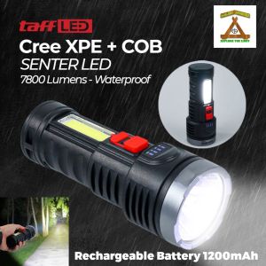 Senter Rechargeable 1200mAh Taffled Led Cree xps dan cob Waterproof ipx6