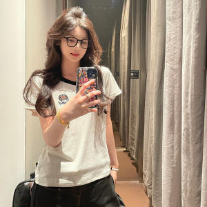 SHUQINGLAI | Retro Colorblock V-Neck Embroidered Slimming T-Shirt