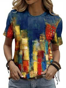 Vibrant Cityscape Womens Tee - Abstract Urban Art Graphic Colorful Painting Print Design for Casual Daily Wear