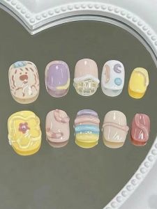 Handmade Short Nail Art Cute Heart Jelly Flower Design Dopaamine Color Series Wearable Nails Cartoon Simple Style Nail Tips