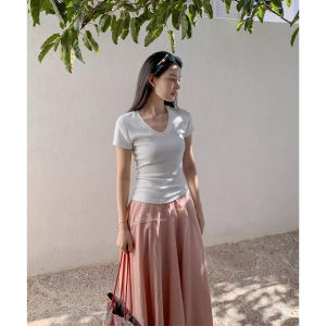 YUEZHONGWEI | Summer Design Ice Silk Knitted Short Sleeve T-Shirt Womens Slim Fit Square Collar Top Casual Style Universal Body Shape