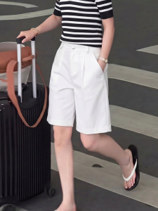 Basic House | White Straight Cotton High Waist Wide-leg Shorts