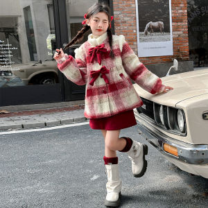 New Year Girls Outfit Autumn Winter Thickened Cotton Flannel Two-Piece Set with Stand Collar Long Sleeve Midi A-Line Skirt