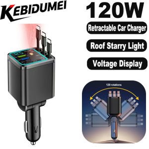 Kebidumei | 7 In 1 Retractable Car Charger Fast Charging with Roof Starlight For Huawei Samsung Fast Charging Cord Cigarette Lighter Adapter