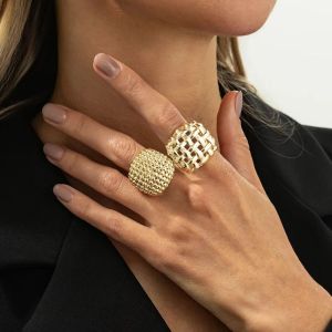 PuRui 2Pcs/Set Retro Exaggerated Hollow Geometric Wide Finger Rings for Women Elegant Luxury Daily Wedding Banquet Charm Jewelry