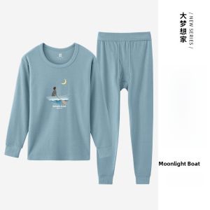 FuniBaoluo | Mens Pure Cotton Thin Warm Underwear Set Youth Student Fashionable Cotton Thermal Shirt Long Sleeve Round Neck Print T-Shirt