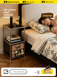 MeisD Antique Style Iron Art Bedside Table Black Carbon Steel Metal No Formaldehyde Small Side Table Mobile Storage Rack