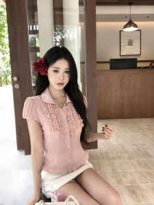 Áo Blouse Chiffon Cổ Peter Pan Màu Hồng Phong Cách Pháp Mùa Hè