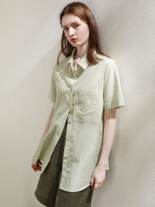 Miccbeirn | Silk Cotton Embroidered Short Sleeve Shirt Casual Drapey Skin-friendly Womens Top Versatile Commute Style Loose Fit Summer Shirt