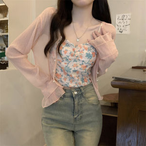 Pink Short Knitted Open Cardigan Womens Autumn Thin Veil Sun Protection Cover up High Waist Outerwear Shoulder Ice Silk See through Top
