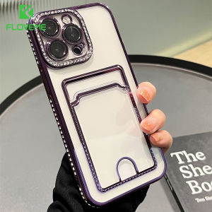 FLOVEME Rhinestone Card Solt Holder Clear Phone Case For iPhone 14 13 12 11 Pro Max Luxury Full Lens Protection Wallet Transparent Shockproof Back Cover For iphone 14 13 12 11