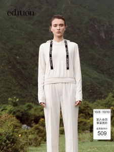 Edition E+ Light Life Series Drawstring Velvet Hoodie Short Style Womens Sweatshirt Pure Color Long Sleeve Cotton Polyester