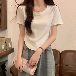 LINGLONGDAI | White Cotton Short Sleeve Round Neck T-Shirt Womens Fashionable Slim Fit Summer Top Korean Style Creative Print Casual Wear