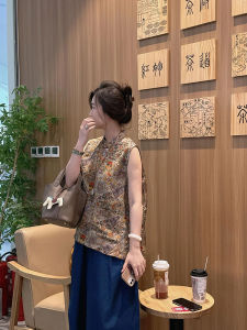 YUFUQING | Áo không tay in hoa phong cách Trung Hoa cổ điển dành cho nữ mùa hè 2025 Áo sơ mi cổ đứng dáng rộng thường ngày bằng polyester