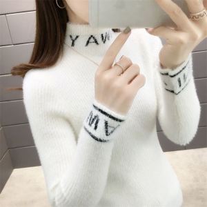 Fashionable Short Womens Mink Velvet Knitwear Half High Collar Versatile Base Layer Shirt Korean Style Slim Fit Long Sleeve