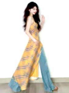 Đầm xòe CHANGTONG cạp cao không tay kẻ caro in họa tiết phong cách mùa hè đi biển