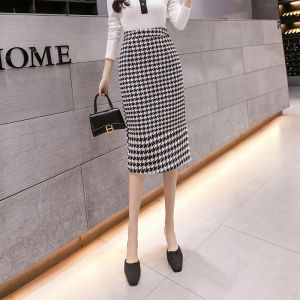 Woolen Houndstooth Back Slit Sheath A- line Skirt Womens Mid Length Long Length Black High Waist Slim Looking Autumn and Winter Skirt