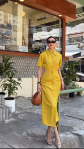 🔖Mirrorsister 50312.1 เดรสเชิ้ตแขนสั้น เว้าเอวด้านหลังสวย ช่วงล่างเป็นกระโปรงทรงสอบชายหางปลาเบาๆ กระดุมผ่าหน้าเปิดปิดได้