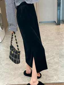 Váy Midi Nhung Đen Cạp Cao Váy Chữ A Váy Công Sở Váy Dài Đến Giữa Bắp Chân Váy Xẻ Tà Váy Đơn Giản Váy Thường Ngày