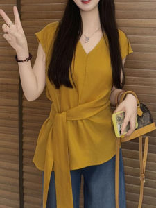 BINKAFENNY | Plus Size Yellow V-Neck Tie Sleeveless T-Shirt