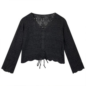 🦋 VEVE Women Korean Style V Neck Long Sleeve Summer Casual Simple Sweet T-shirt Tops Hollow Fashion