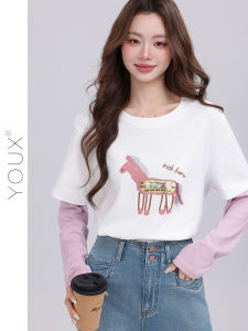 YOUXIANG | Áo Thun Nữ cổ Tròn T Tay Dài Phong Cách Cổ Điển In Hình Hoạt Hình