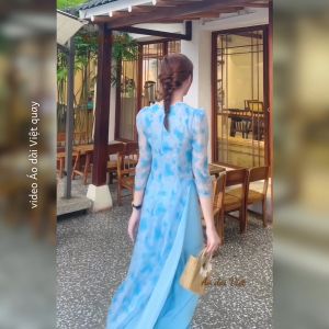Áo dài 4 tà hoa màu xanh tay phồng cổ tròn đính ngọc truyền thống giáo viên công sở may sẵn tơ lụa cao cấp