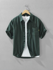 Retro Striped Mens Casual Loose Short Sleeve Shirt Trendy Artistic Top Simple New Style Japanese Style Youthful Summer Shirt