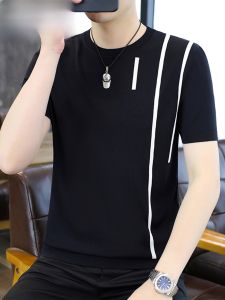 HENGYUANXIANG | Áo thun nam cổ tròn tay ngắn dệt kim lụa băng thoáng khí thường ngày mùa hè Áo thun nam tay lửng sọc thời trang