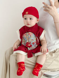 Chinese Style Baby Boy Summer Outfit Set Red Infant Clothes 100 Days One Year Old Ceremony Clothes Thin Model Shoot Available