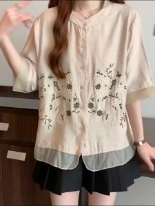 AIYITI | Elegant Embroidery Short Sleeve Big Size Concealing Shirt