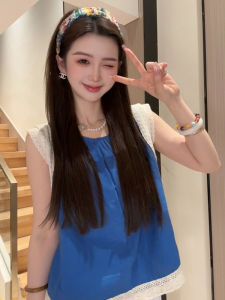 YUEZHONGWEI | French Lace Trim Blue Vest Women Summer Outdoor Loose Doll Shirt Sleeveless Top Commute Style Regular Thickness Single Piece