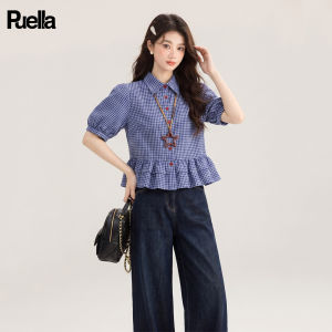 puella | Summer Korean Style Plaid Short Sleeve Shirt and Wide Leg Jeans Set