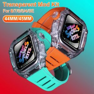 JANSIN Luxury Transparent Case for Apple Watch Band 8 45mm 44mm Mod Kit Strap Bezel Case for apple watch series 8 7 se 6 5 4 Rubber Bracelet