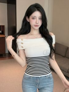 GUZILIAN | Off-Shoulder Stripe T-Shirt Top