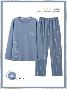 Langsha Mens Sleepwear Long Sleeve Cotton Home Clothes Set Casual Loose Fit Youth plus Size Outwear Suitable for Autumn Spring