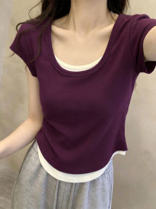 JIAOZAO | Áo Blouse Cổ U Hai Màu Giả Phân Tiếng