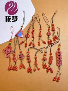 จี้มือถือสีแดงธรรมชาติพร้อมจี้กุญแจโทรศัพท์มือถือ จี้ลูกปัดทองแดงแท้ห้าเหรียญ จี้ลูกปัดดอกบัว จี้ลูกปัดลิงคู่