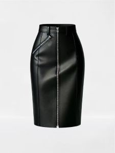 Black faux leather zip front pencil skirtFront zippered black leather look pencil skirt