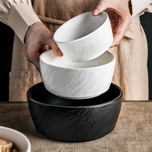 Japanese Style Black Ceramic Bowl Creative Rock Pattern Salad Bowl Soup Bowl Dining Bowl Unique Shape round Bowl Dinnerware