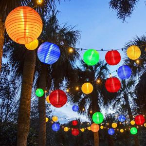 Solar Lantern String Lights Waterproof Garden Lantern Fairy Lights with Fabric Lantern Exterior and Interior Decoration for Christmas Garden Home Yard