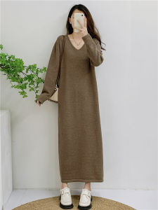 Thickened Large Size Extra Long Knitted Sweater Dress Womens Autumn Winter New V-neck Straight Lazy Knit Dress Long Sleeve