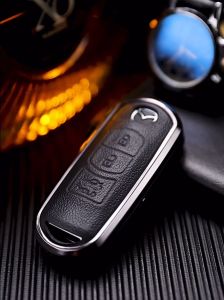 MOOGU Mazda 2 / 3 hatchback / CX3 / CX5 / CX8 / CX9 SUV Aluminium + Leather (2Buttons) Remote Screw-less Car Key Cover Casing with keychain