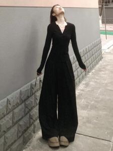 High Waist Straight Leg Suit Pants for Taller Women Long Drapey Wide Leg Casual Pants Female Spring Autumn Black Pleated