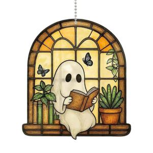 Halloween Ghost Reading Book Window Suncatcher Hanging Colorful Shadow Acrylic Window Hanging Ornament 2D Ghost Reading Book