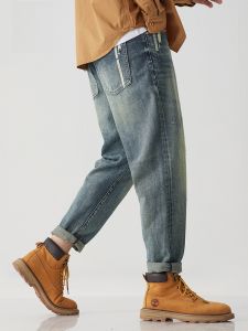 ROMON | Romon Mens Thickened Straight Leg Jeans Autumn Winter Loose Fit Casual Long Trousers Youthful Vintage Style Elastic Waist