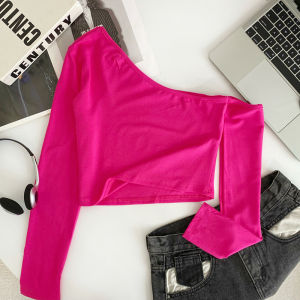 เสื้อยืดแขนยาวเปิดไหล่คอเฉียงเซ็กซี่สำหรับผู้หญิง ทรงเข้ารูป ทรงสั้น เสื้อชั้นในฤดูใบไม้ร่วง แฟชั่นใหม่ Pure Desire